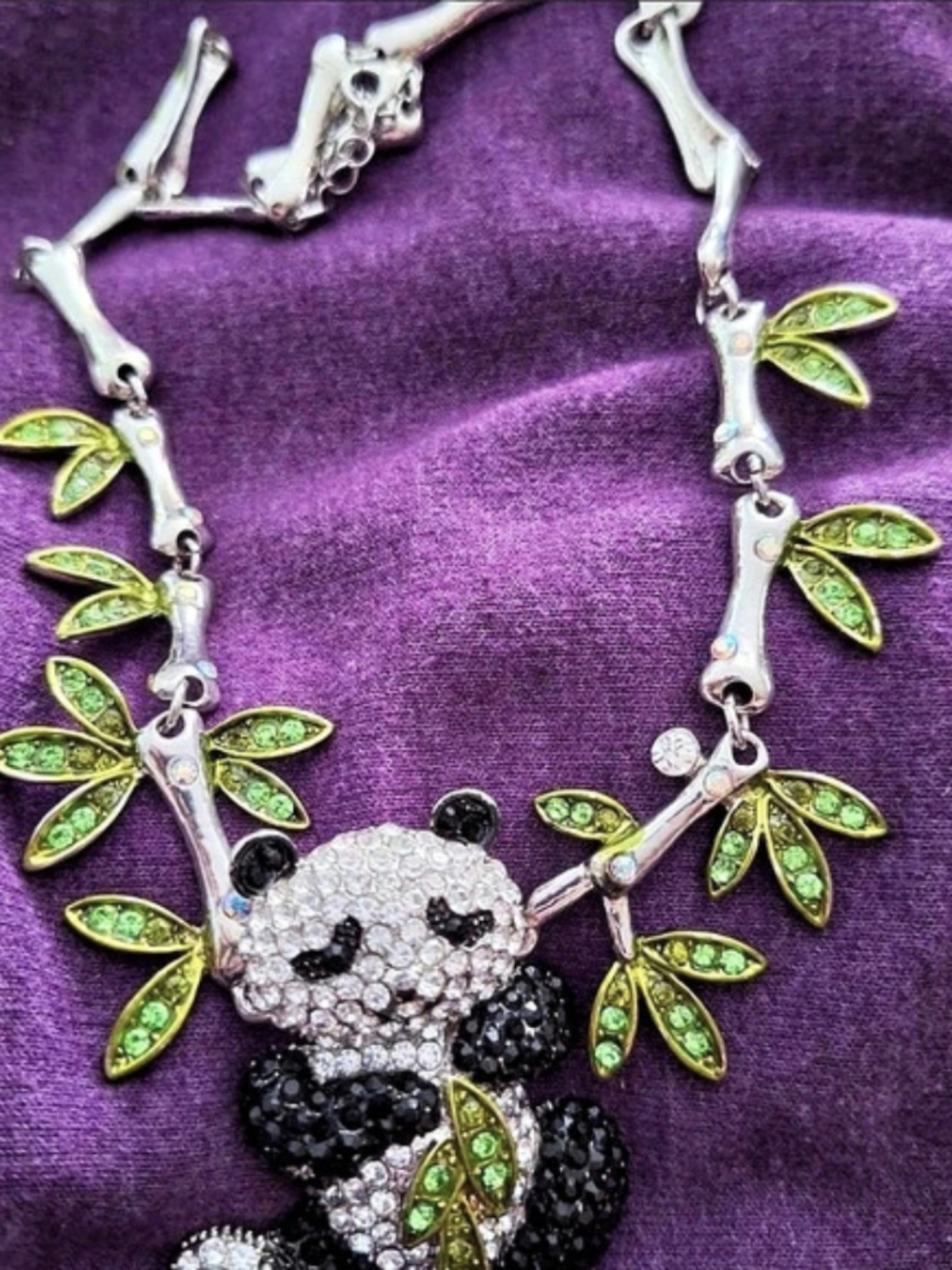 Panda Pendant Leaf Necklace Silver & Green